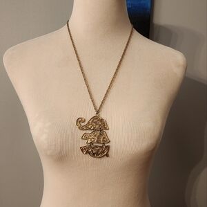 Vintage Articulated Large Elephant Statement Pendant Silver Gold Tone Necklace